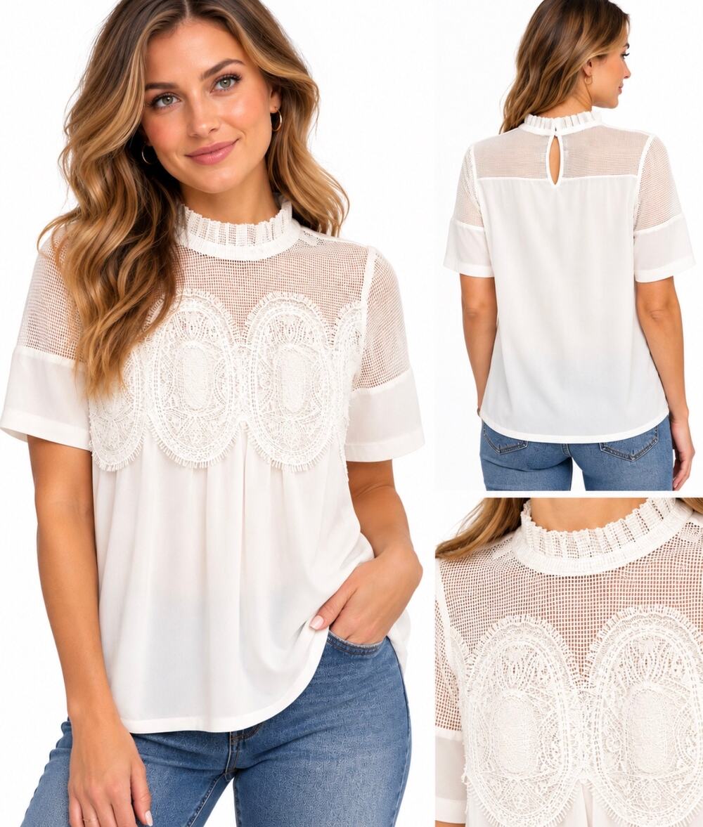 Dokotoo Women's White Lace Mesh Blouse Ruffle Neck Boho Top NWT L